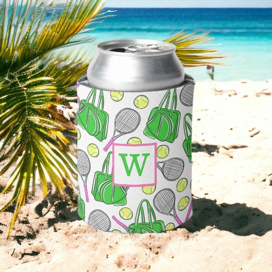 Preppy Green Pink Tennis Racquet Bag Balls Initiaa Blikjeskoeler