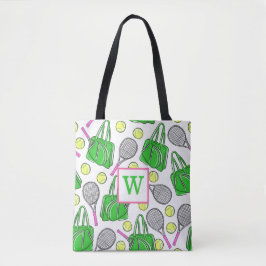 Preppy Green Pink Tennis Racquet Bag Balls Initiaa Tote Bag