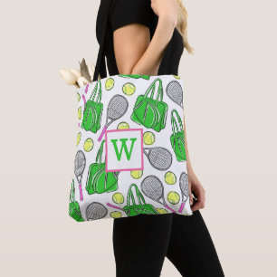 Preppy Green Pink Tennis Racquet Bag Balls Initiaa Tote Bag