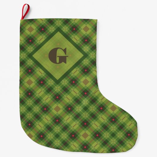 Preppy Green Plaid Bold Custom Monogram Grote Kerstsok (Voorkant)