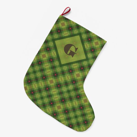 Preppy Green Plaid Bold Custom Monogram Grote Kerstsok (Voorkant (Hangend))