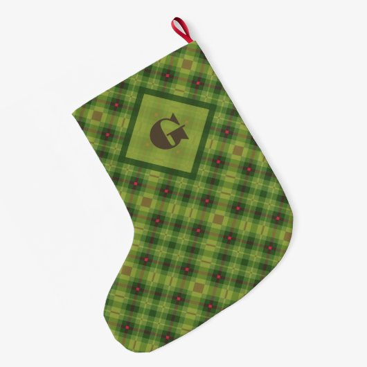 Preppy Green Plaid Bold Custom Monogram Grote Kerstsok (Achterkant (Hangend))