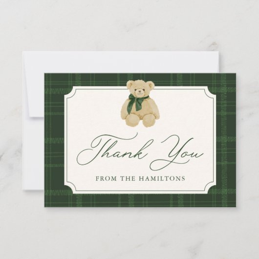Preppy Green Plaid Teddy Bear Baby Shower Bedankkaart (Voorkant)