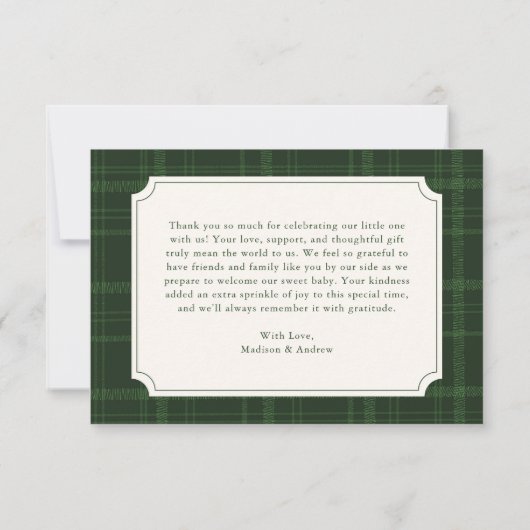 Preppy Green Plaid Teddy Bear Baby Shower Bedankkaart (Achterkant)