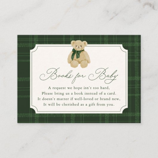 Preppy Green Plaid Teddy Bear Book Request Informatiekaartje (Voorkant)