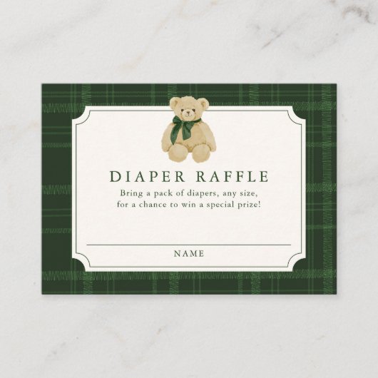 Preppy Green Plaid Teddy Bear Diaper Raffle Informatiekaartje (Voorkant)