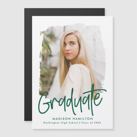 Preppy Green Script Photo Afstuderen Magnetische Uitnodiging (Voorkant / Achterkant)