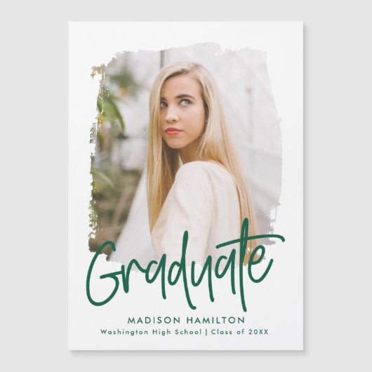 Preppy Green Script Photo Afstuderen Magnetische Uitnodiging (Voorkant)