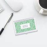 Preppy Green & White Bamboo Lattice Pattern Visitekaarthouder<br><div class="desc">Draag uw visitekaartjes in een klassieke preppy-stijl met ons persoonlijk hoesje van de creditcard. Dit ontwerp heeft een retro tropische vibe, met een geometrisch bamboe-roosterpatroon in levendig groen en wit, en jouw naam, monogram of bedrijfsnaam in het coördineren van blauw jachtblad. Het uiteinde van de ontwerper: om het unieke effect...</div>