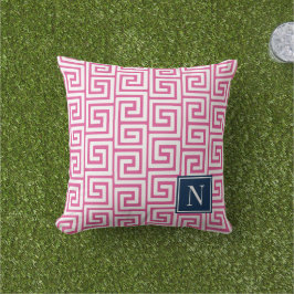 Preppy Griekse Sleutel Monogram – Heet Roze & Mari Buitenkussen