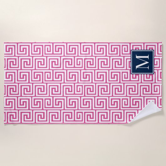 Preppy Griekse Sleutel Monogram – Heet Roze & Mari Strandlaken (Voorkant)