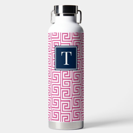 Preppy Griekse Sleutel Monogram - Heet Roze & Mari Waterfles (Voorkant)