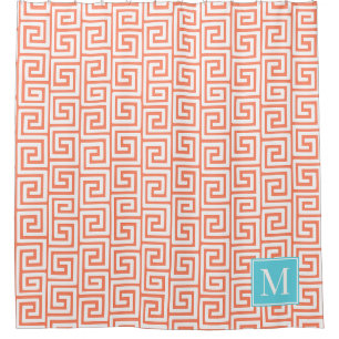 Preppy Griekse Sleutel Monogram – Koraal & Turkooi Douchegordijn