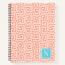Preppy Griekse Sleutel Monogram – Koraal & Turkooi Notitieboek