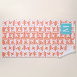 Preppy Griekse Sleutel Monogram – Koraal & Turkooi Strandlaken