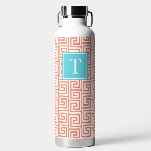 Preppy Griekse Sleutel Monogram - Koraal & Turkooi Waterfles (Voorkant)