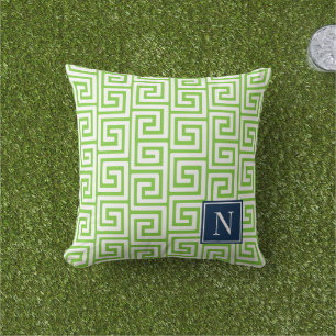 Preppy Griekse Sleutel Monogram – Limoengroen & Ma Buitenkussen
