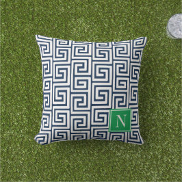 Preppy Griekse Sleutel Monogram – Marineblauw & Gr Buitenkussen