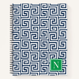 Preppy Griekse Sleutel Monogram – Marineblauw & Gr Notitieboek