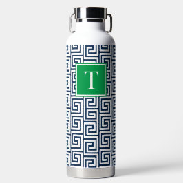 Preppy Griekse Sleutel Monogram - Marineblauw & Gr Waterfles