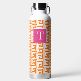 Preppy Griekse Sleutel Monogram - Oranje & Felroze Waterfles