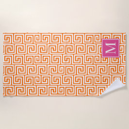 Preppy Griekse Sleutel Monogram – Oranje & Heet Ro Strandlaken
