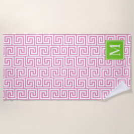 Preppy Griekse Sleutel Monogram – Roze & Limoengro Strandlaken