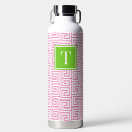 Preppy Griekse Sleutel Monogram - Roze & Limoengro Waterfles