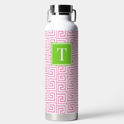 Preppy Griekse Sleutel Monogram - Roze & Limoengro Waterfles (Voorkant)