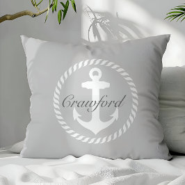 Preppy Grijs & Witte Naamse Anker Monogram Kussen