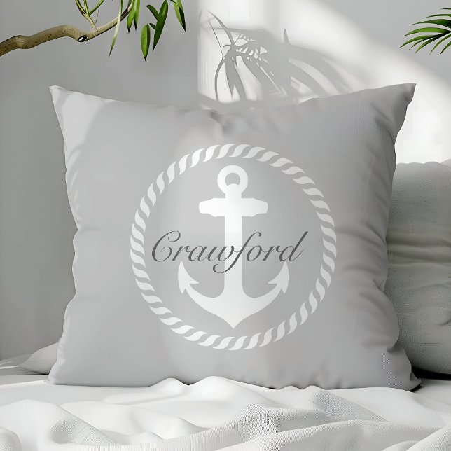 Preppy Grijs & Witte Naamse Anker Monogram Kussen (Creator heeft geüpload)
