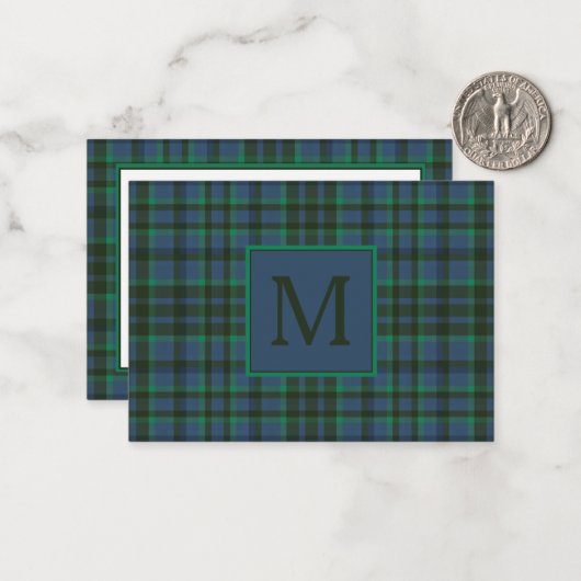 Preppy groen en blauw geplakt monogram notitiekaartje (Voorkant / Achterkant in situ)