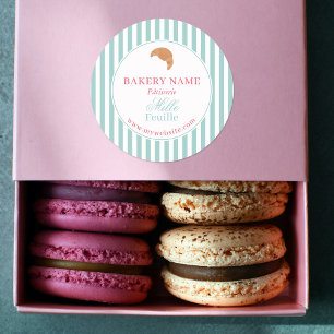 Preppy Groen & Roze Strepen Bakkerij Logo Product Ronde Sticker