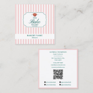 Preppy Groen & Roze Strepen Bakkerij Logo QR Code Vierkante Visitekaartje
