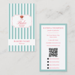 Preppy Groen & Roze Strepen Bakkerij Logo QR Code Visitekaartje