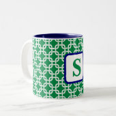Preppy Groen Wit Link Patroon Marine Monogram Tweekleurige Koffiemok (Voorkant links)