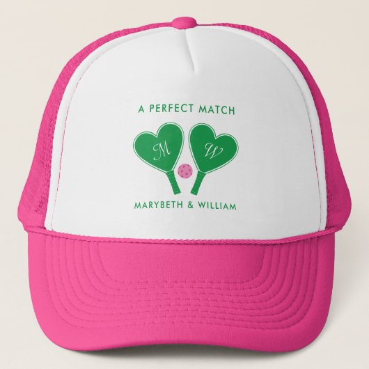 Preppy groene en roze trouwpickleball trucker pet (Voorkant)