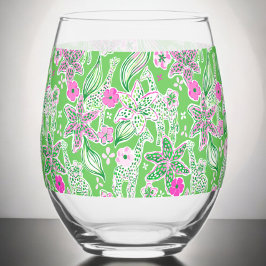 Preppy Groene Giraffes Bloemen Roze Groen Wijnglas Zonder Voet