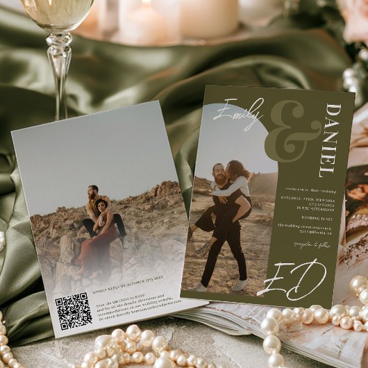 Preppy Groene Oude Geld Foto Script QR Bruiloft Kaart
