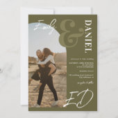 Preppy Groene Oude Geld Foto Script QR Bruiloft Kaart (Voorkant)