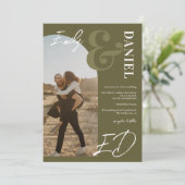 Preppy Groene Oude Geld Foto Script QR Bruiloft Kaart (Staand voorkant)