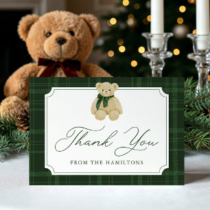 Preppy groene ruit teddybeer babyshower bedankkaart