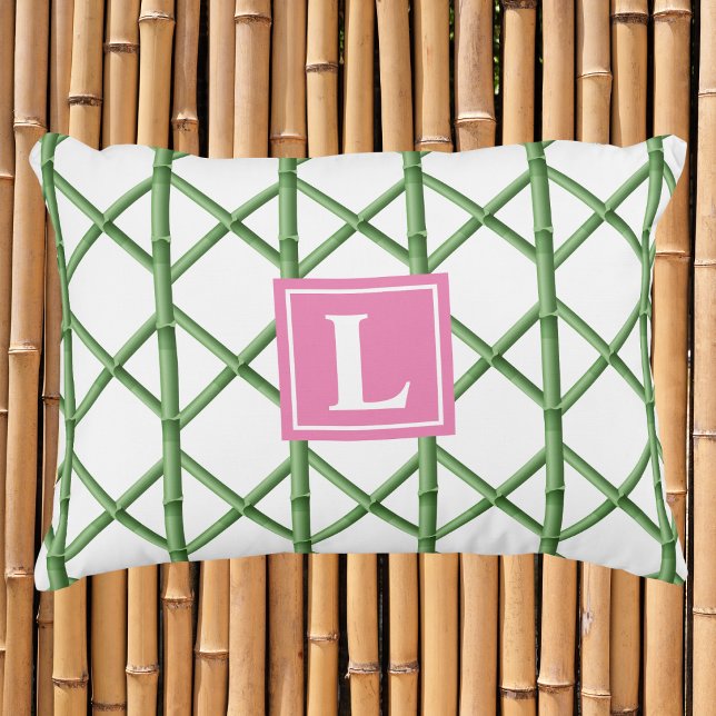 Preppy groene tralies bamboe patroon monogram accent kussen (Creator heeft geüpload)