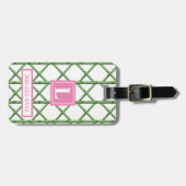 Preppy groene traliewerk bamboe patroon monogram bagagelabel (Voorkant horizontaal)