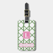 Preppy groene traliewerk bamboe patroon monogram bagagelabel (Voorkant verticaal)