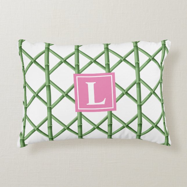 Preppy Groene Trellis Bamboe Patroon Monogram Accent Kussen (Voorkant)