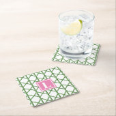 Preppy Groene Trellis Bamboe Patroon Monogram Kartonnen Onderzetters (Insitu)