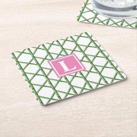Preppy Groene Trellis Bamboe Patroon Monogram Kartonnen Onderzetters (Schuin)