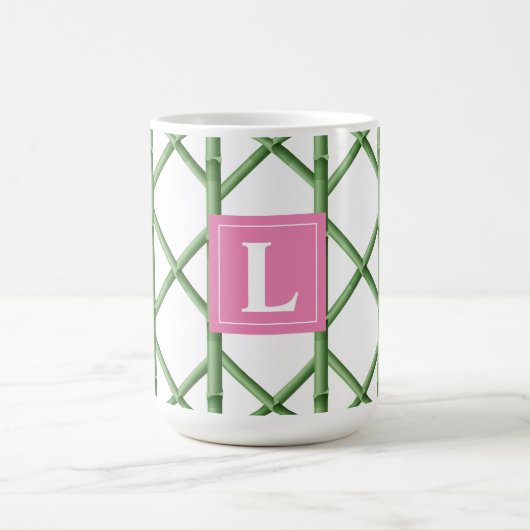 Preppy Groene Trellis Bamboe Patroon Monogram Koffiemok (Center)