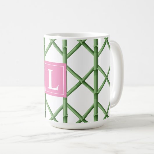 Preppy Groene Trellis Bamboe Patroon Monogram Koffiemok (Voorkant rechts)